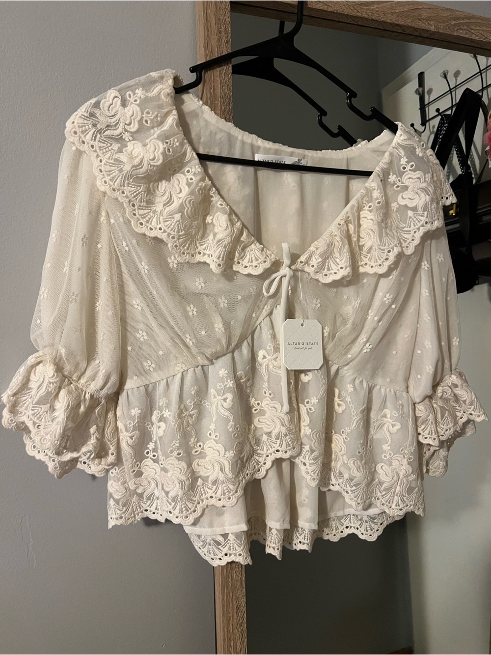 Altar’d State Women's Cream Lace Ruffle Tie-Front Top - Picture 2 of 6